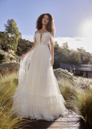 Off Shoulder Beaded Ivory Lace Gathered Tulle Wedding Dress
